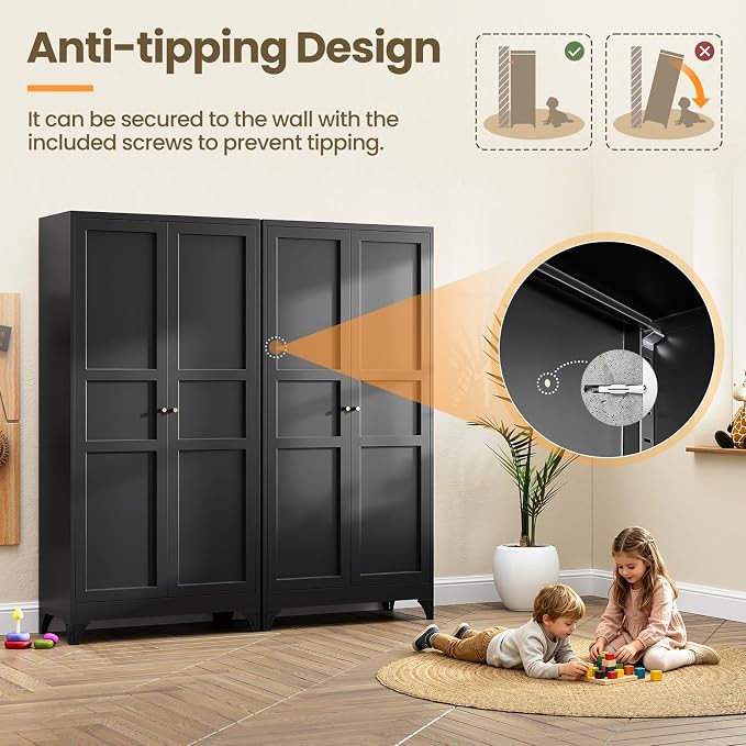 Yizosh Metal Storage Cabinet with 2 Doors and 4 Adjustable Shelves,- 72" Black Kitchen Pantry Storage Cabinet for Kitchen,Living Room,Dining Room