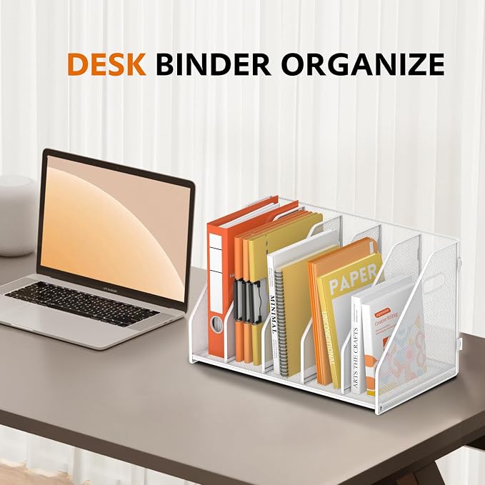 SUPEASY Binder Organizer, Magazine File Holder with 5 Vertical Rack, White | Metal Desk File Organizer & Binder Holders, Magazine Organizers for Office Desktop, Home, School, Classroom