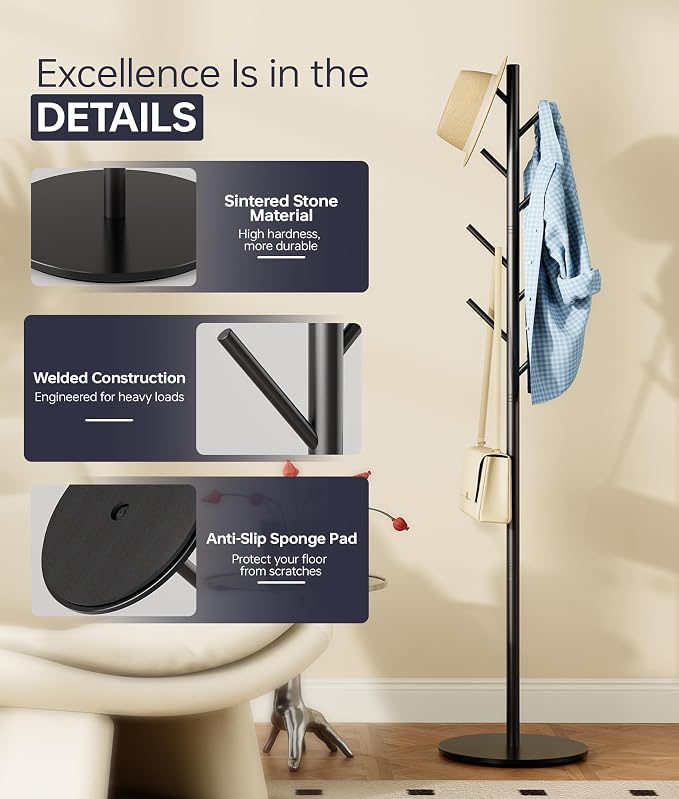 Coat Rack with 8 Hooks, 3 Adjustable Heights, Modern Hall Tree, Sturdy Metal Clothes Stand with Sintered Stone Base for Entryway, Office, Bedroom, for Coats, Hats, Handbags and Scarves, Black