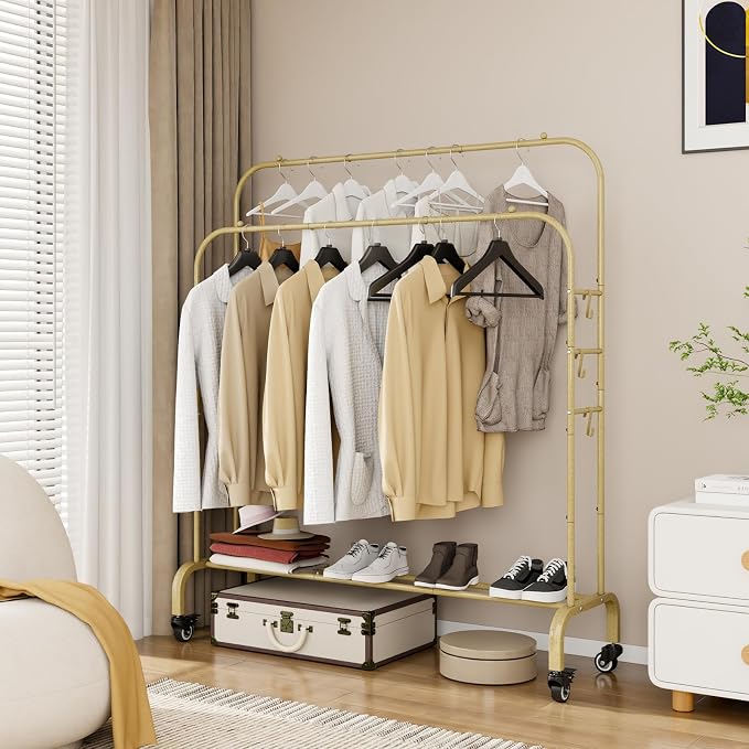 SUOERNUO Clothes Rack with Lockable Wheels Double Rods Metal Garment Racks | Portable Heavy-Duty Clothing Rack with Bottom, Rolling Clothes Shelves for Bedroom Laundry Living Room, Gold