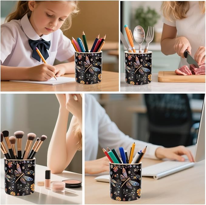 Pen Holder, Pencil Cup for Desk, Cute Makeup Brush Holder, Durable Ceramic Organizer Decor for Room, Office, Classroom, Cute Dragonfly Pattern