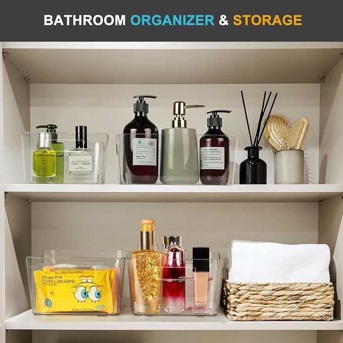 Heyuzb 8 Pack Plastic Organizer Bins and 20 Pcs Freezer Bags Multi-Use Pantry Organizers and Storage Clear Storage Bins for Organizing Kitchen, Fridge, Cabinet and Shelf