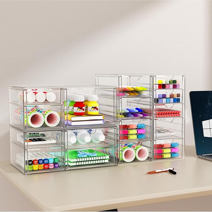 YFXCVSL 6-Pack Acrylic 31-Drawer Storage & Makeup Organizer for Desk | Smooth-glide drawers, clear acrylic, stackable, dustproof, wipe-clean, for makeup palettes, lipsticks, blushes, cotton pads