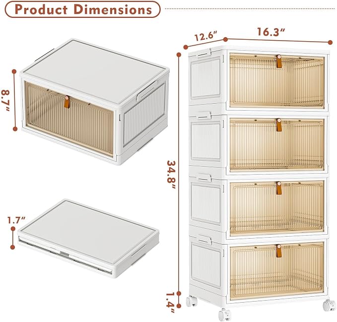 CTSNSLH 4 Tier Plastic Storage Bins with Lid 32QT - Stackable Storage Bins | Organizers and Storage with Wheels, Plastic Storage Cabinet Organization and Storage for Living Room,Office,Dorm