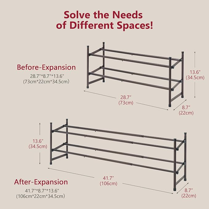 Expandable Shoe Rack for Closet 2 Tier, 28“-41“Stackable, Bronze | Adjustable Shoe Organizer Closet Shoe Rack Floor, Metal Small Shoe Shelf Storage for Entryway, Garage, Front Door Entrance