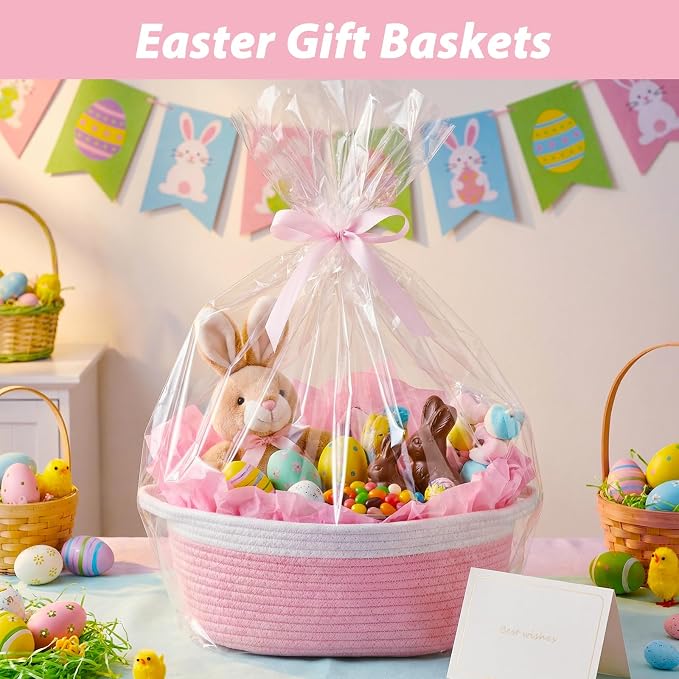 woric Baby Gifts Basket 12 x 8 x 5 in Woven Basket Rope Baskets | Soft Cotton for Wedding Gifts Empty Baby Shower Toy Storage Girls Birthday (Pink with Gift Bag Card Ribbon Tissue Paper)