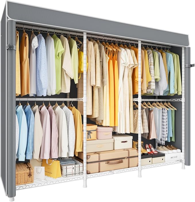 E14C Pro Heavy Duty Closet Organizer System，Freestanding Clothing Racks for Hanging Clothes，Adjustable Garment Rack 69" W × 16" D × 77" H Hold 960 lbs，White Rack with Grey Dustproof Cover