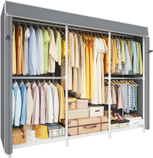 E14C Pro Heavy Duty Closet Organizer System，Freestanding Clothing Racks for Hanging Clothes，Adjustable Garment Rack 69" W × 16" D × 77" H Hold 960 lbs，White Rack with Grey Dustproof Cover