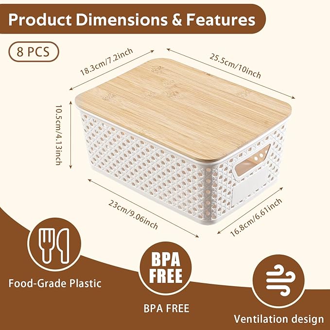 8 Pack Plastic Storage Bins with Bamboo Lids - Stackable Storage Baskets with Handle for Pantry Organizer and Storage, Plastic Containers Bins Lidded Storage Bins for Classroom Office Shelves