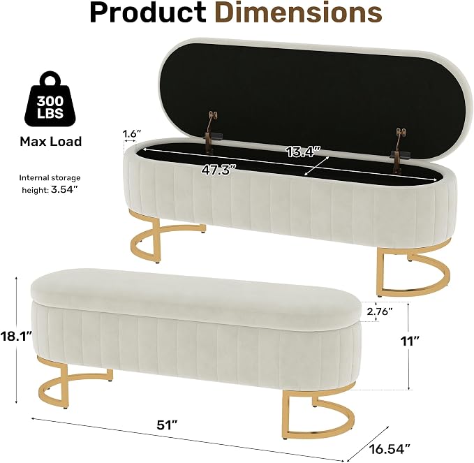 51" Velvet Storage Ottoman Bench End of Bed for Bedroom Entryway Beige