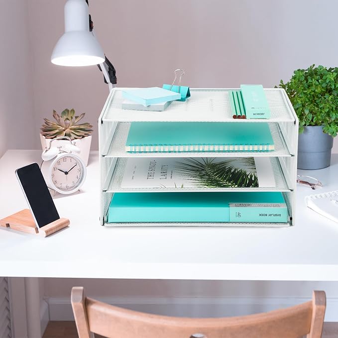 3 Tier Mesh Desk Organizer Tray, Desktop Mail File Paper Letter Folder Holder Sorter Organization Rack Storage Accessories for Office Home School Classroom, White
