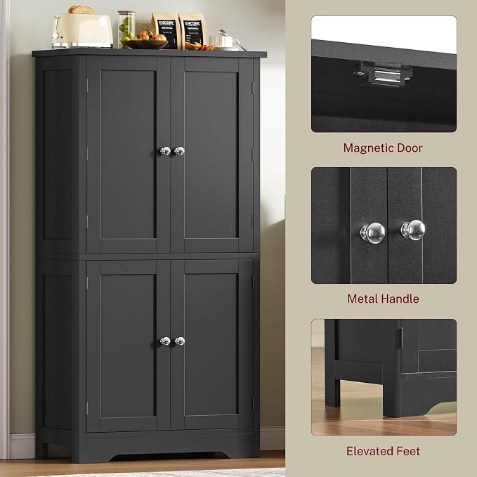 51" H Pantry Cabinet with 4 Doors, Kitchen Cabinet with 6 Door Shelves, Kitchen Pantry for Living Room, Dining Room, Bathroom, Black