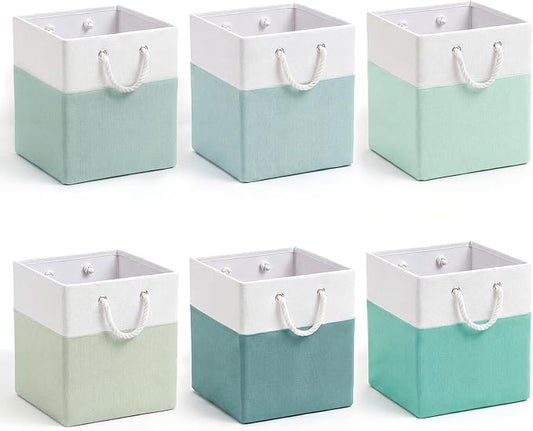 Geiserailie 6 Pcs 13 x 13 Inch Cube Storage Bins Fabric Storage Organizer Bins Foldable Cube Baskets with Sturdy Carry Handles Wicker Baskets for Home(Green, Color Block)