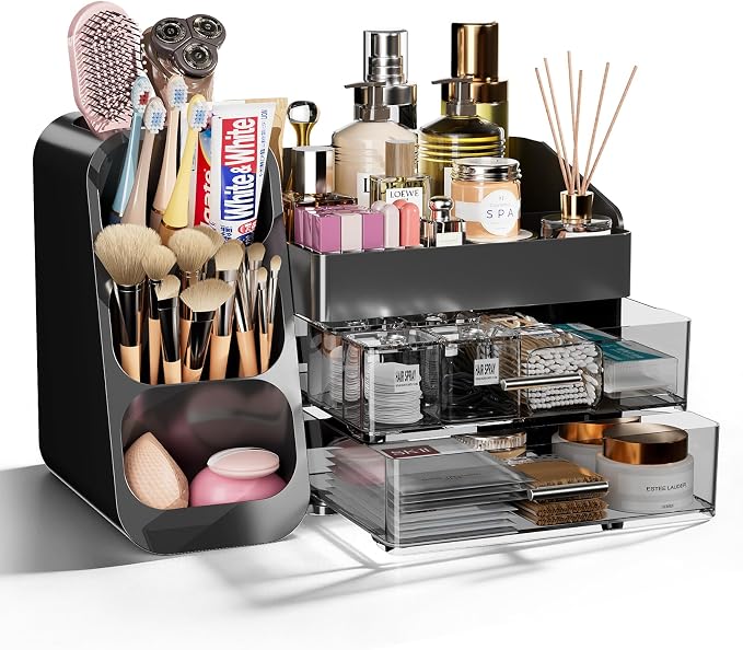 Makeup Organizer with Drawers for Vanity Bathroom Counter Organizers and Storage, Large Skincare Organizer with Brush Toothbrush Holder for Perfume, Nail Polish, Dresser, Office Supplies, Black