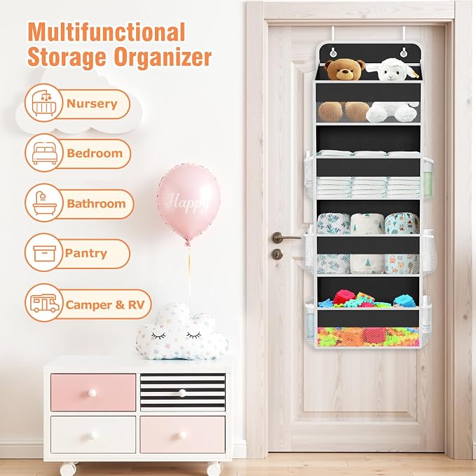 Over The Door Organizer Storage Large Capacity Hanging Bedroom Storage | 4 Shelves, 40 LB Capacity, Foldable Mesh Design, Clear Window, Sturdy, Large Storage Organizer for Nursery, Pantry & Closet