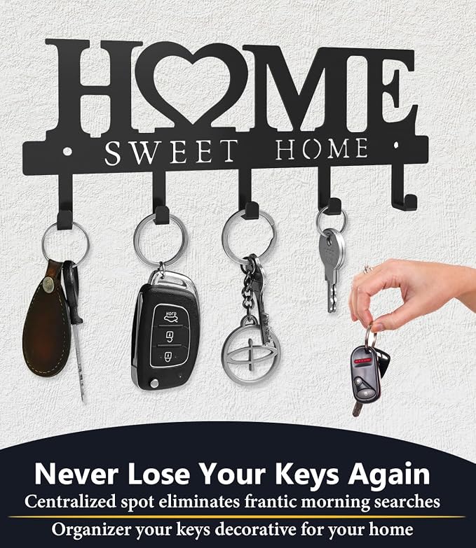Key Holder Hooks Organizer Hanger Rack Wall Mounted Sweet Home Metal Decor Stylish and Practical for Entryway Front Door Kitchen Hallway Garage Mudroom Office Hardware Included Black