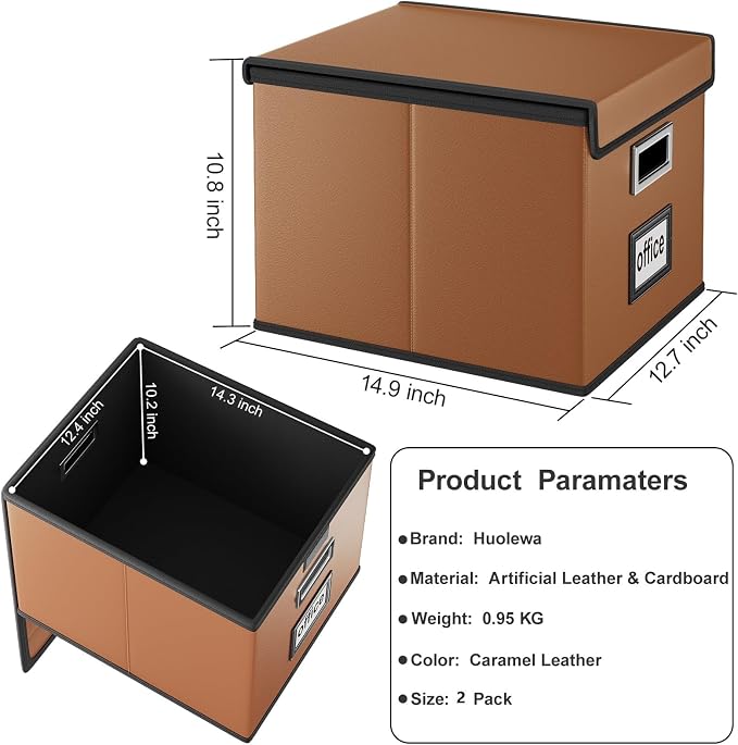 File Organizer Box with Lids, Collapsible File Folder Organizer | File Box with Plastic Slides for Document, Filing Bin for Letter Size Hanging File Folders (2 Pack, Caramel, Leather)
