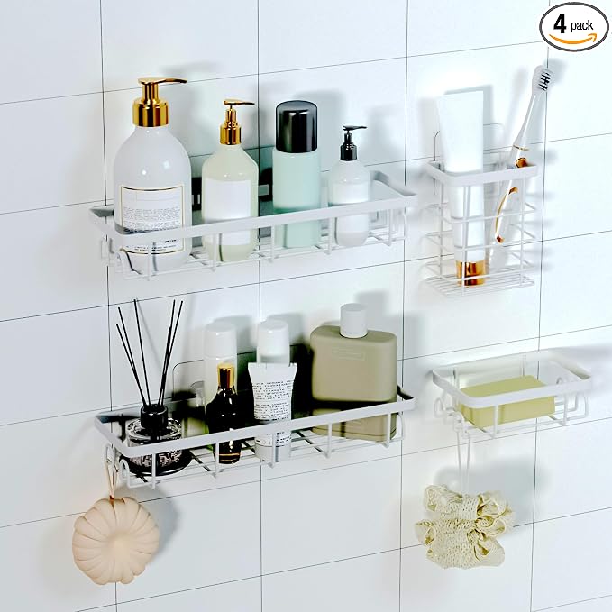 Shower Caddy Organizer with Hooks,Self Adhesive Bathroom Shelves,No Drilling Bathroom Organizers and Storage,Perfect for RV, Apartment, Home Decor,White 4PCS
