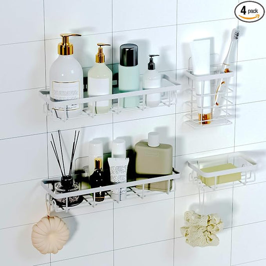 Shower Caddy Organizer with Hooks,Self Adhesive Bathroom Shelves,No Drilling Bathroom Organizers and Storage,Perfect for RV, Apartment, Home Decor,White 4PCS