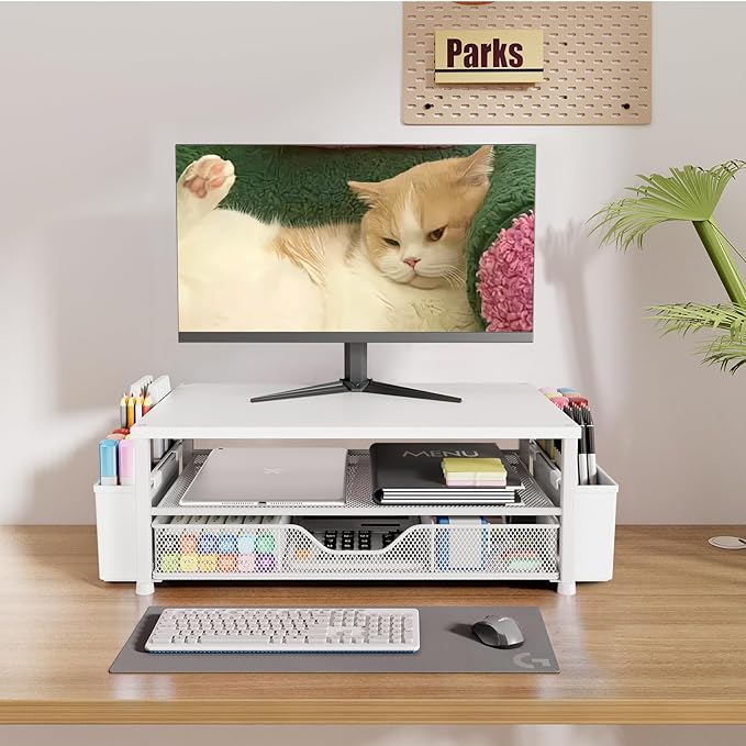 OPNICE Desk Organizers and Accessories, Computer Monitor Stand Riser with Drawer and 2 Pen Holders, Printer & Laptop Stand, Office Desk Accessories & Workspace Organizers for Home Office Supplies, White Wood