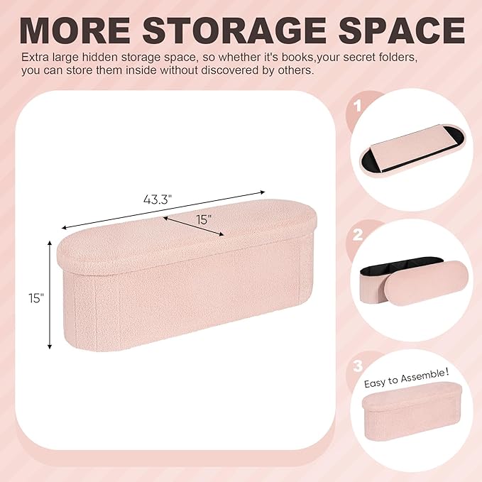 PINPLUS Storage Ottoman Bench Tufted Oval Ottomans for Living Room Foot Rest, Chest Box Velvet Bench with Storage, Pink 43"x15"x15" (Pink)