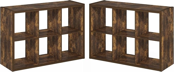 Furinno Cubicle Book Shelf Set of 2, 6-Cube Bookshelf, Amber Pine | 14.6 x 43.8 x 30, 1.2" Thick, Horizontal & Vertical Reversible Bookcase with Open Back, for Living Room, Bedroom, Home Office