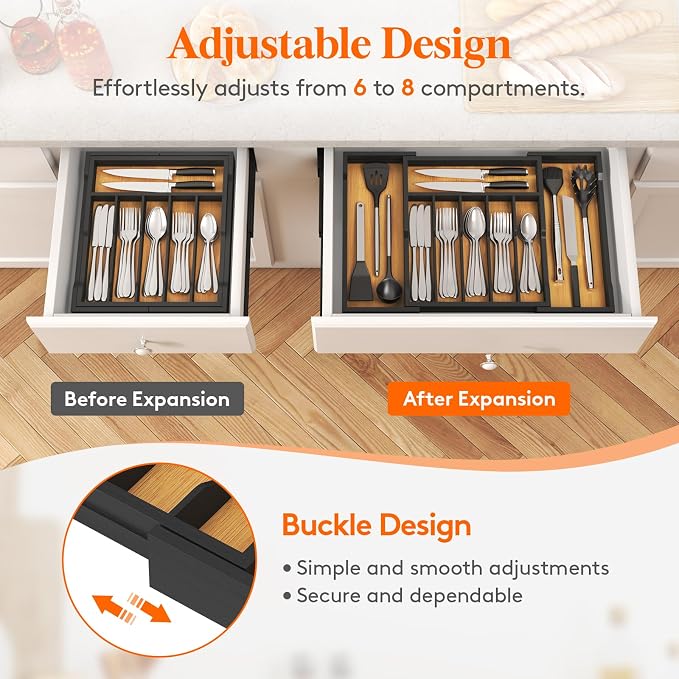 Lifewit Silverware Drawer Organizer, Wooden Utensil Tray for Kitchen | Expandable Flatware and Cutlery Holder, Adjustable Storage for Spoons Forks Knives, 13-22x15", Natural and Black