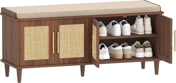 Akxomel 47.2" Rattan Shoe Storage Bench 4 Doors Entryway Bench Walnut | 2 Tier Shoe Bench with Padded Cushion, Adjustable Shelves and 4 Doors, Solid Wood Legs, for Hallway, Living Room, Bedroom