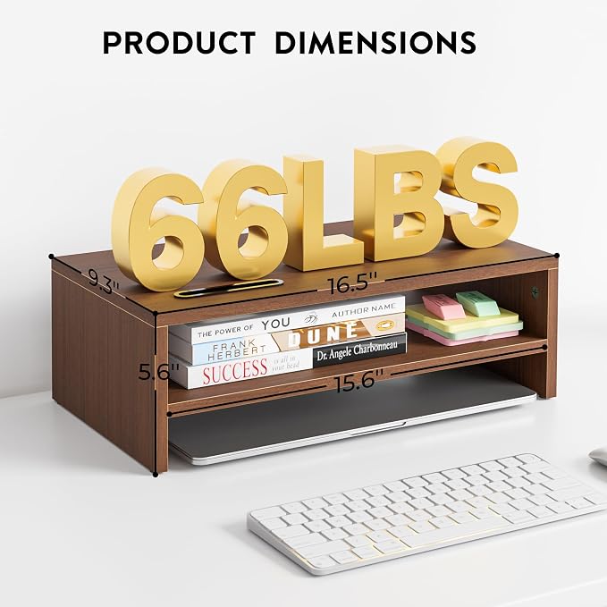 BONTEC Wooden Monitor Stand Riser for Desk, 2-Tier Computer Monitor Stand | 66 lbs Desk Shelf Organizer with Storage, Laptop & Printer Stand with Phone Holder and Cable Management, Walnut, 16.5 Inch
