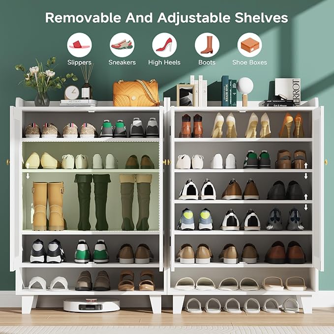 Flat-Shelf Shoe Cabinet with Doors，6-Tier Shoes Storage Cabinet with Adjustable Shelves，Wooden Shoe Rack Shoes Storage Organizer Cabinets for Entryway, Hallway, Living Room