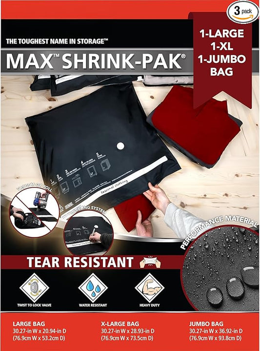 MAX Shrink-Pak Vacuum Seal Storage Bags for Clothing, Travel, Bedding | Tear-Proof, Dual-Valve Space Saver Compression Bags - 1 Large, 1 XL, 1 Jumbo