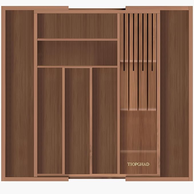 Expandable Bamboo Silverware Organizer with Knife Block, Brown | 12.6-21.45 x 16.3 x 2.13 in, Holds 7 Knives, Removable Knife Block, Adjustable Dividers, Drawer Insert for Utensils, Forks