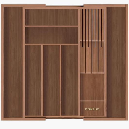 Expandable Bamboo Silverware Organizer with Knife Block, Brown | 12.6-21.45 x 16.3 x 2.13 in, Holds 7 Knives, Removable Knife Block, Adjustable Dividers, Drawer Insert for Utensils, Forks