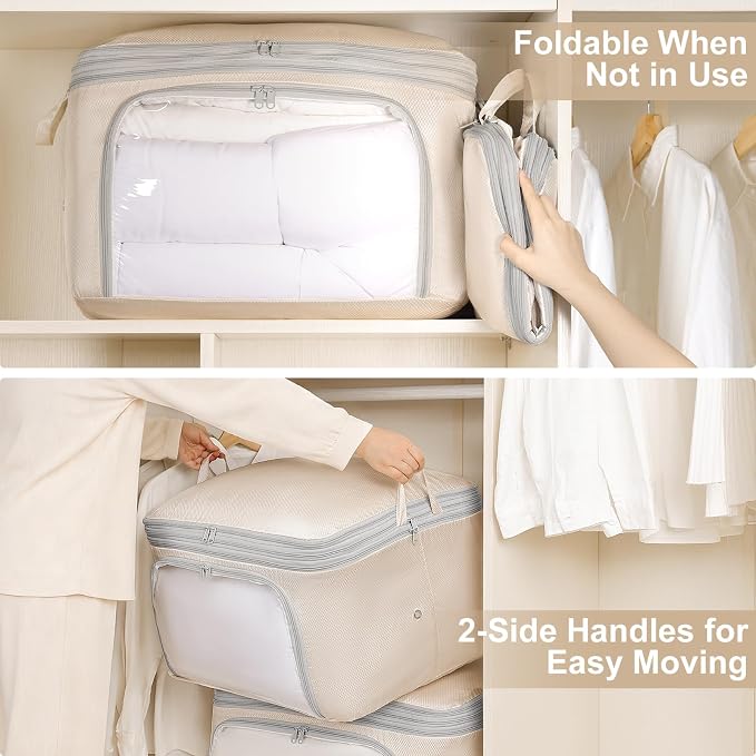 Comforter Storage Bag - 130L Blanket Storage Bags Front-opening Ultra Space Saving Self Compression Organizer, Washable Compression Bags for Storage Comforter Blanket, 1 Pack, Beige