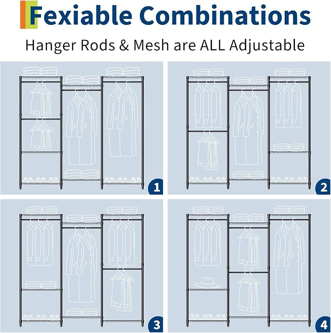 Heavy Duty Garment Rack Stable Clothes Rack for Hanging Clothes Wardrobe Closet with Adjustable Shelves & 4 Hanging Rods 76.5" H x 67" L x 15" W