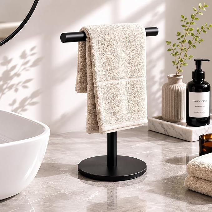 Bathroom Hand Towel Holder Stand，T-Shape Hand Towel Holder Stand SUS304 Stainless Steel Matte Black for Bathroom，Kitchen or Vanity Countertop(2 Pack)