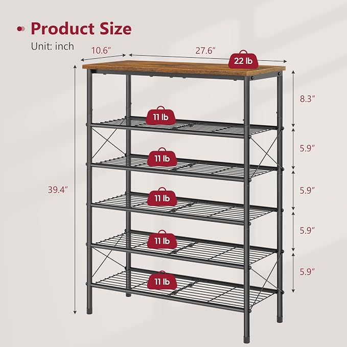 6 Tier Shoe Rack for 20-24 Pairs of Shoes, Rustic Brown & Black | Sturdy & Durable, X Shape Fixed Frame, Metal Mesh Shoe Shelf, Industrial, For Closet, For Entryway Shoe Storage