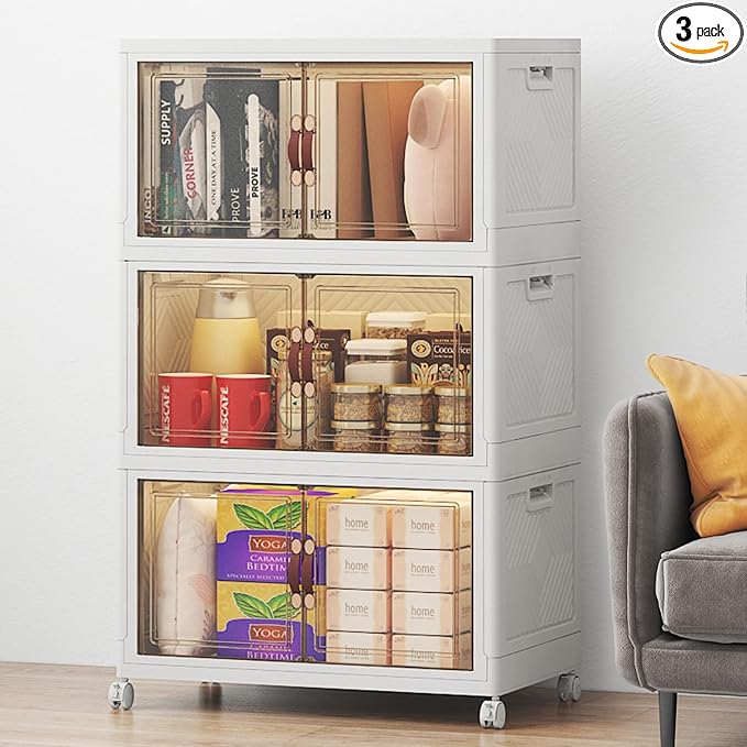 UAMFURI Stackable Storage Bins with Lids, 144QT Lockable Storage Cabinet | Folding Storage Box with Doors and Wheels, Collapsible Plastic Drawers for Home, Garage, Office