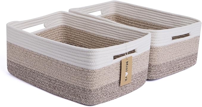MiniArk Large Storage Baskets for Shelves, 17 x 13 x 7.5” Closet Organizers Bins for Clothes Blanket Towels, Baby Nursery, Toy Baskets Box, Woven Rope Baskets, 2 Packs Gradient Brown