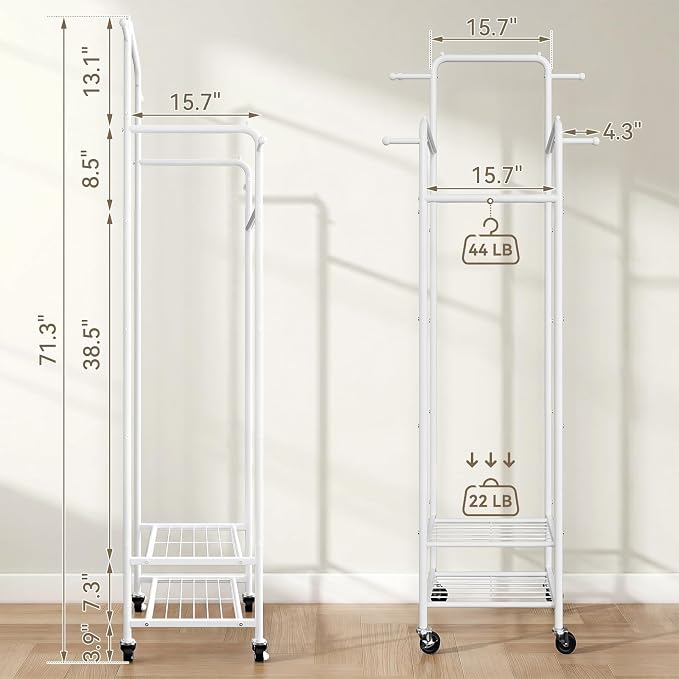 Small Clothing Rack with Wheels, Narrow Rolling Clothes Rack with 2 Shelves | Gasvadivum 71" Tall Sturdy Metal Garment Rack with 4 Hanging Rods & 4 Hooks, Portable Coat Rack for Bedroom, Bathroom, White