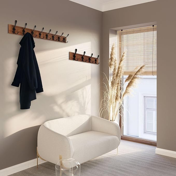 Wall Mount Coat Rack 47.3'' Burnt Brown Hanger - Rustic Towel Rack for Bathroom, Living Room - Hooks for Coats, Hats, Clothes