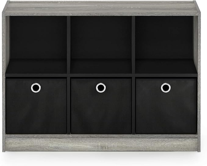 Furinno Basic 3x2 Cube Storage Bookcase Organizer with Bins, French Oak Grey/Black