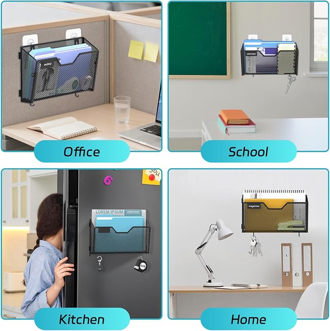 SUPEASY 3-Pack Magnetic File Holder with Hooks and Label Panels, Black | Magnetic File Folder Holder for Whiteboards, Lockers and Cabinets with 3 Letter-Size Pockets, Label Panels and 8 Hooks