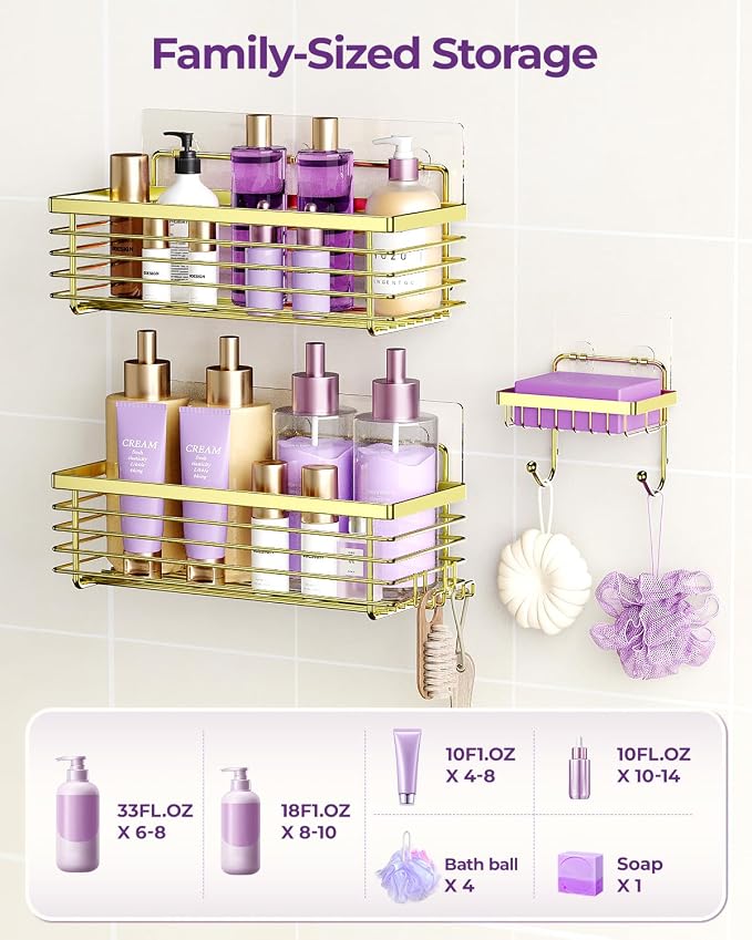 ODesign Shower Caddy Adhesive 3 Pack Stainless Steel Storage Shelves-Golden | No drilling wall mounted,rust-resistant,large capacity,quick drainage,easy to clean,suitable for bathrooms and kitchens