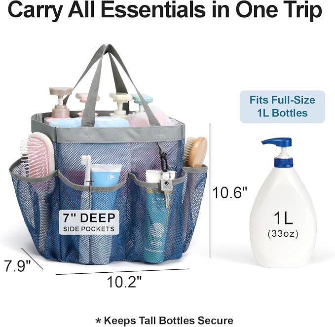 Mesh Shower Caddy Portable - 8 Pockets, S-Hook, Shower Bag for Dorm Camping | 2-Handle, Quick-Dry, Hanging Toiletry Organizer, College Dorm Room Essentials for Girls, Gym, Travel & Bathroom, Navy Blue