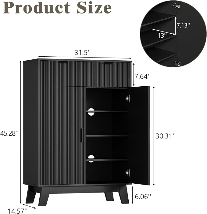 HUANLEGO Shoe Cabinet Storage for Entryway with Doors, Black | 4 Tier Fluted Shoe Organizer with 2 Drawers, Shoe Storage with Adjustable Shelves, Freestanding Hidden Shoe Rack for Entryway