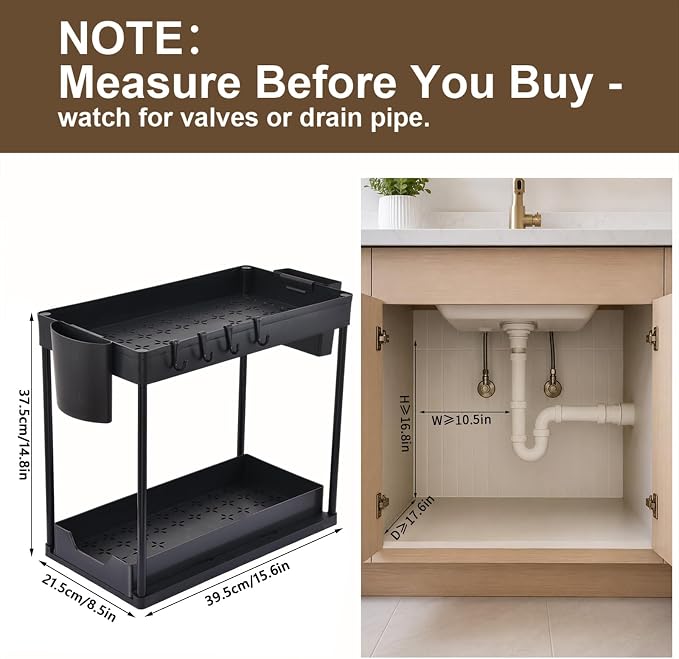 Under Sink Organizer for Bathroom/Kitchen, Large Capacity with Hooks & Cups | Multi-purpose, 2 Tier Pull Out, 4 Hooks & 2 Cups, Size:15.6 x 8.5 x 14.8in, Rust Resistant, Sturdy & Durable