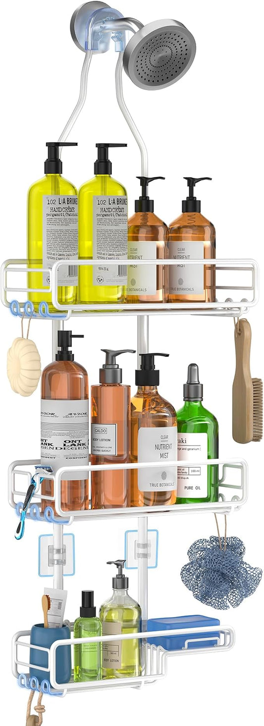 Skyapex Shower Caddy Hanging Bathroom Organizer: Over Head Adjustable Rack for Tall Showerhead - Extra Large Storage Shelf for Big Shampoo Bottles with Soap Holder (White)