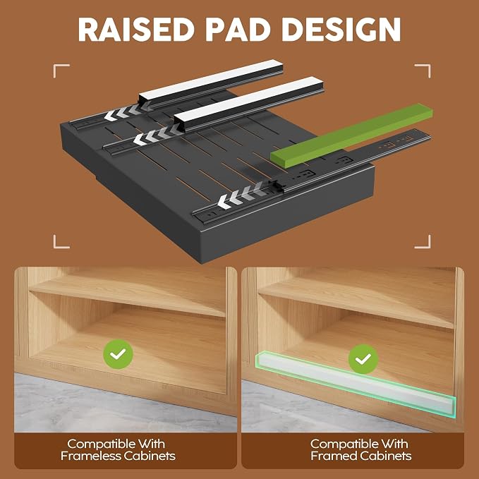 Seinloes 2 Pack Expandable Pull Out Cabinet Organizer 21"Deep With Raising Pad for Framed Cabinets,Upgrade 3 Slide Rails Slide Out Drawers,Roll Out Shelves Adhesive,Adjustable Width 15.15"-26.3" Black