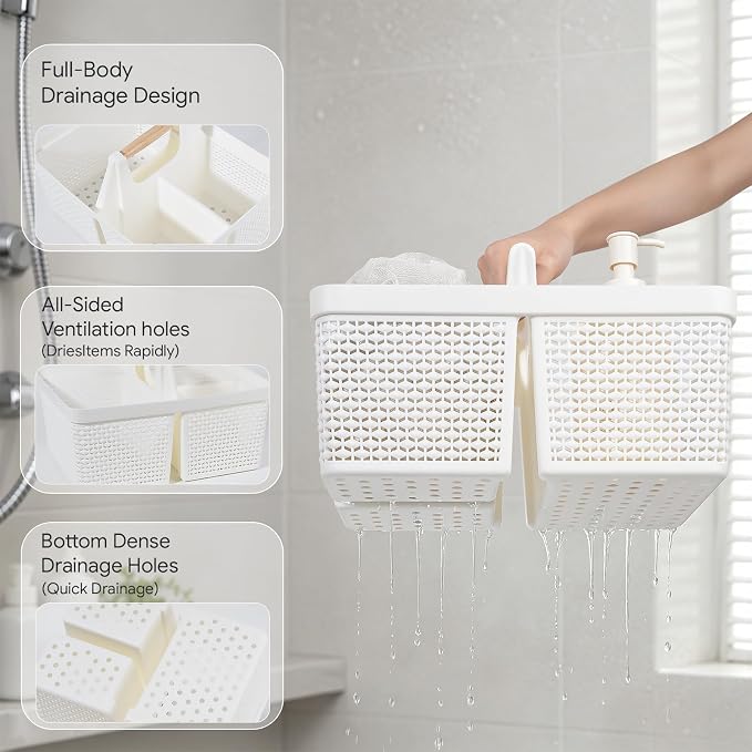 UUJOLY Portable Plastic Shower Caddy Basket with Wooden Handle, White | Divided Storage Organizer Tote for Bathroom, Dorm, College, Kitchen & RV – Lightweight, Easy-Carry Essentials Caddy